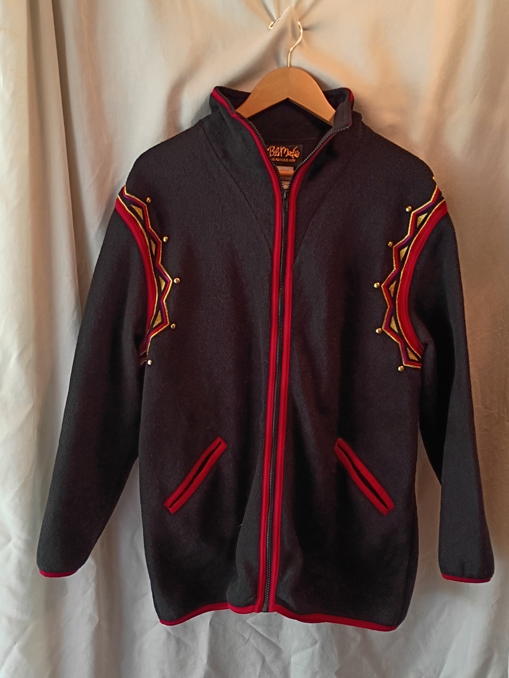 VTG Bob Mackie Black Zip-Up Jacket Sz Med with Red & Gold Accents Wearable Art